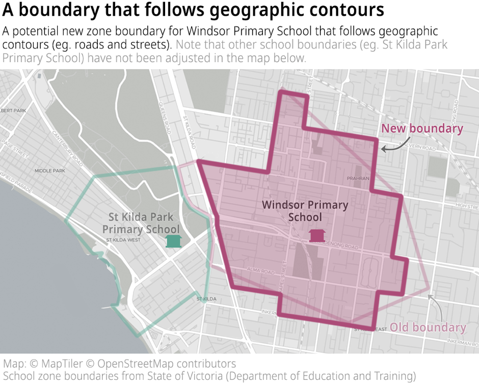 A map showing a redrawn zone for Windsor Primary School with the boundary following road contours (that is, the boundary does not cut through roads or properties).