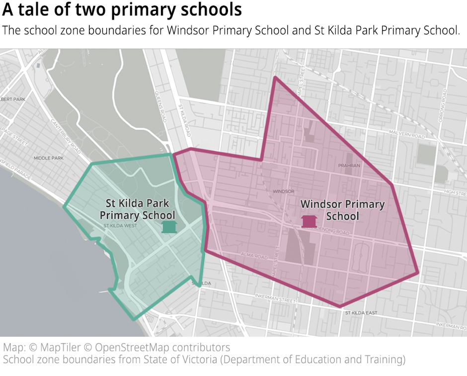 A map showing the 2020 school zone boundaries for Windsor Primary School and St Kilda Park Primary School.