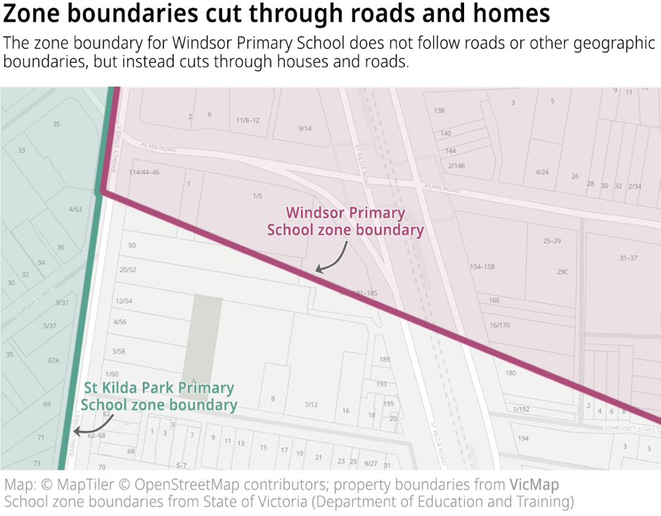 A zoomed-in map of Windsor Primary School zone showing how the current boundary cuts through properties and roads.